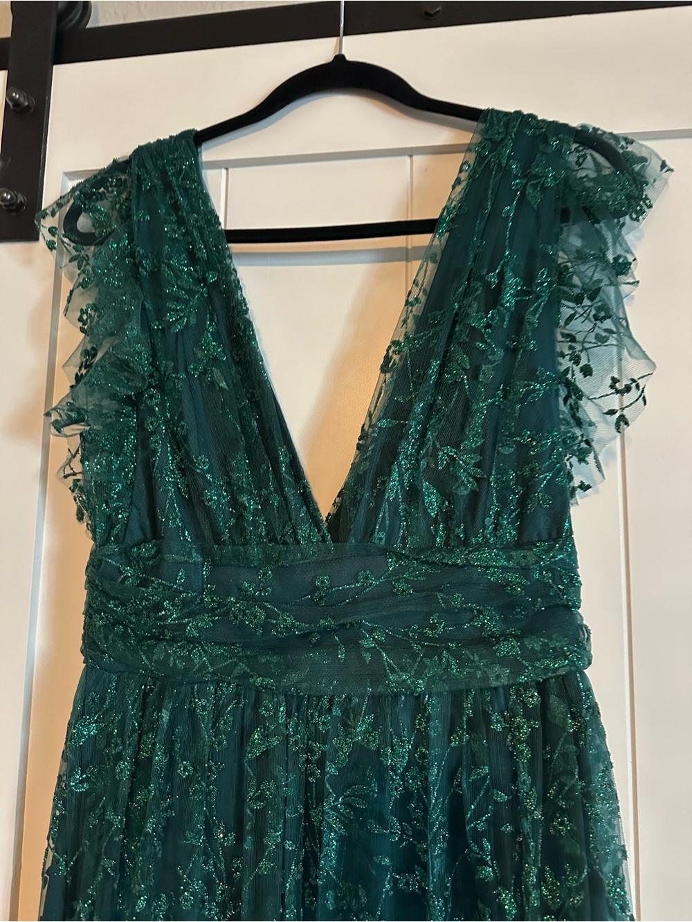 Deep Green Embellished V-Neck Gown - Picture 4 of 11